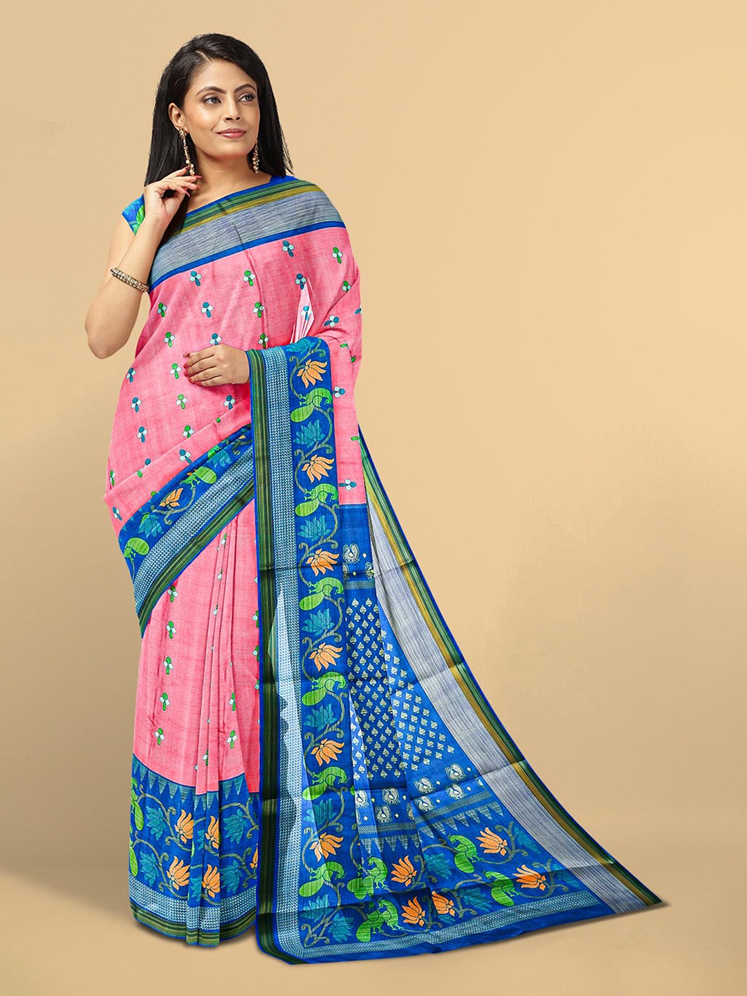 

Kalamandir Pink & Blue Floral Silk Blend Saree
