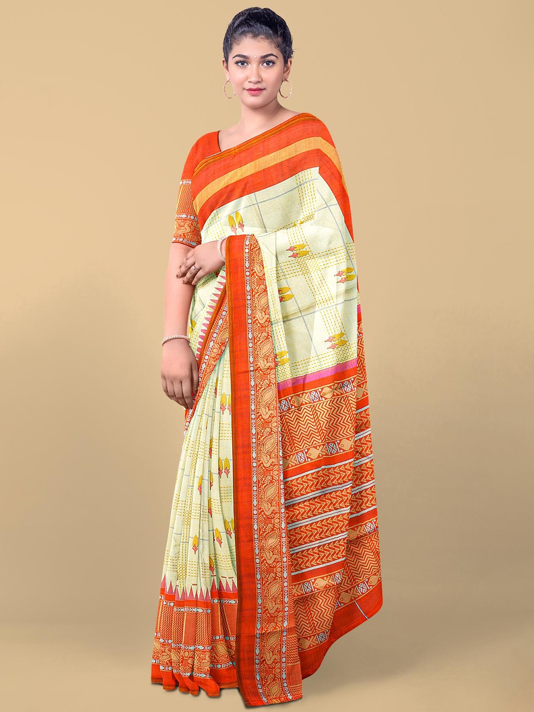 

Kalamandir Cream-Coloured & Red Checked Silk Blend Saree