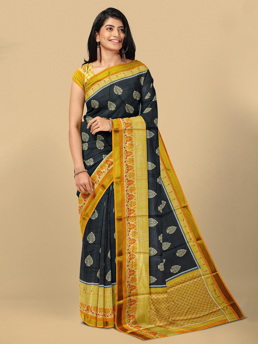 

Kalamandir Grey & Mustard Ethnic Motifs Silk Blend Saree