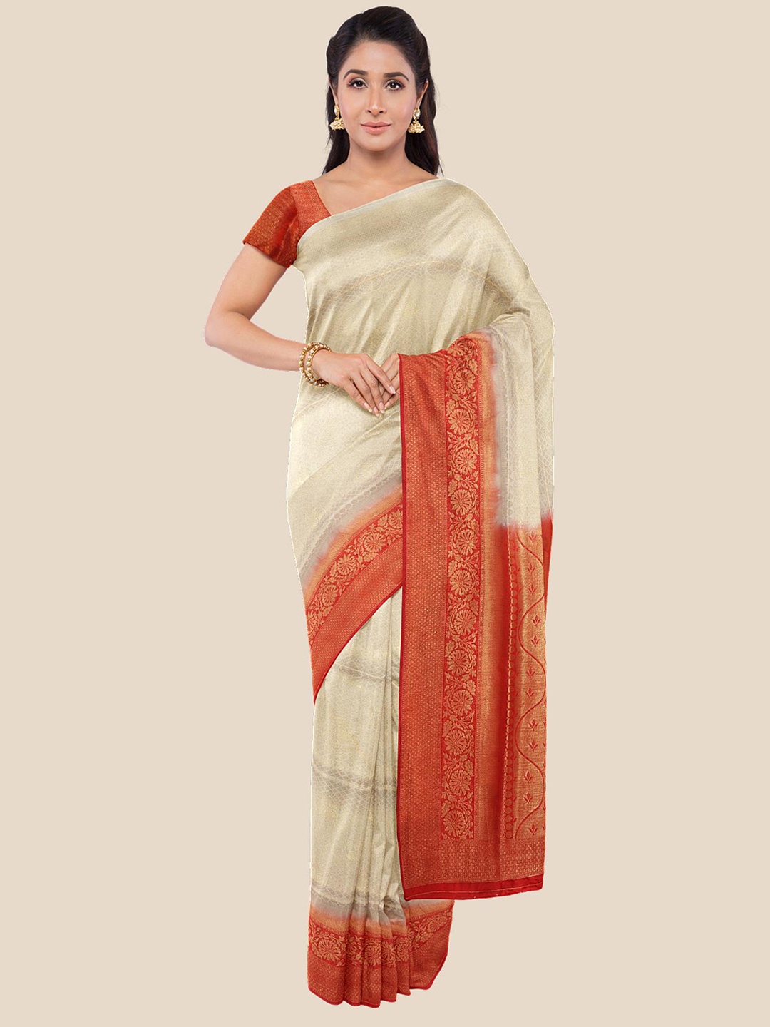 

Kalamandir Cream-Coloured & Red Woven Design Zari Silk Blend Banarasi Saree