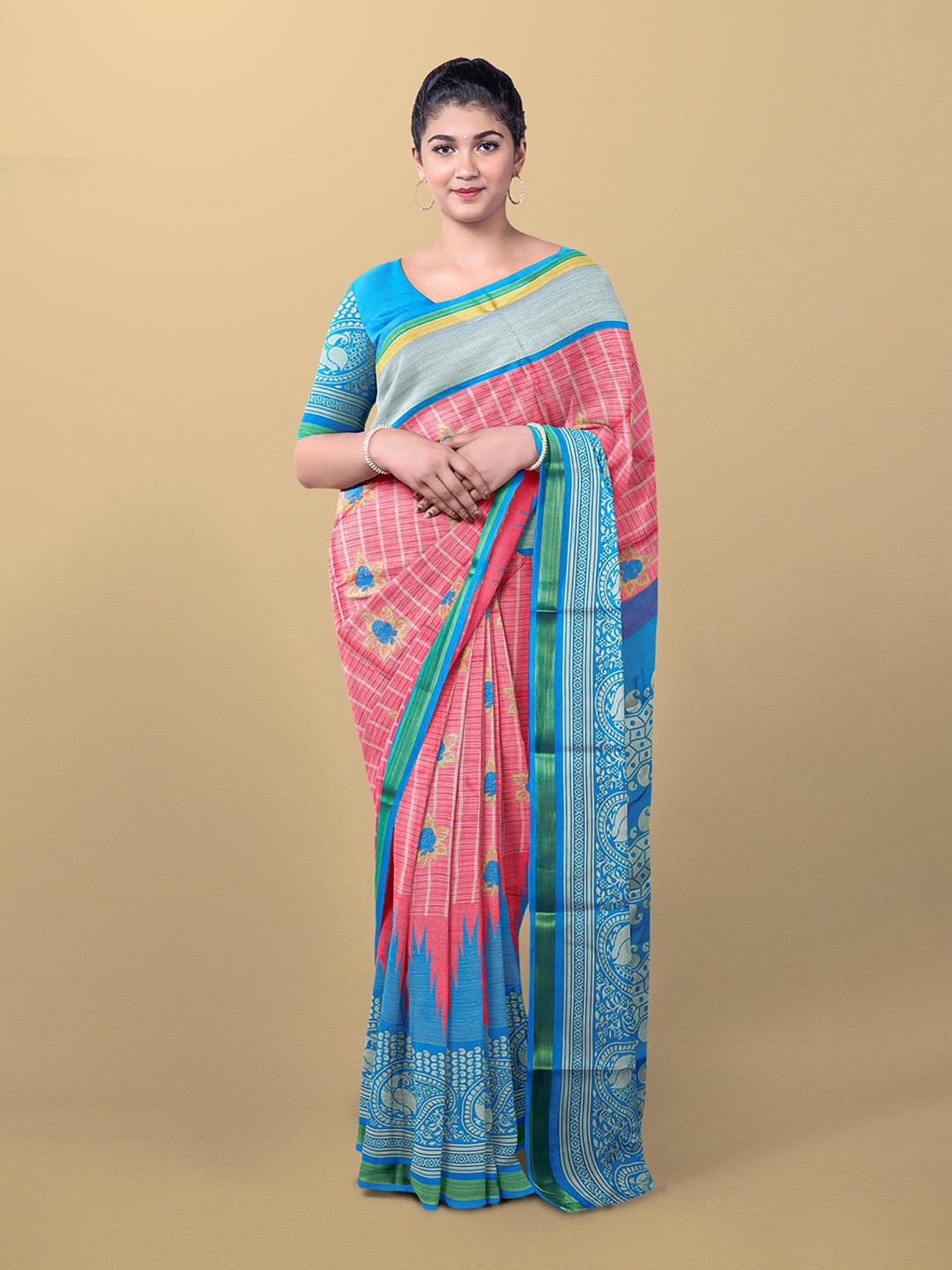 

Kalamandir Pink & Blue Floral Silk Blend Saree