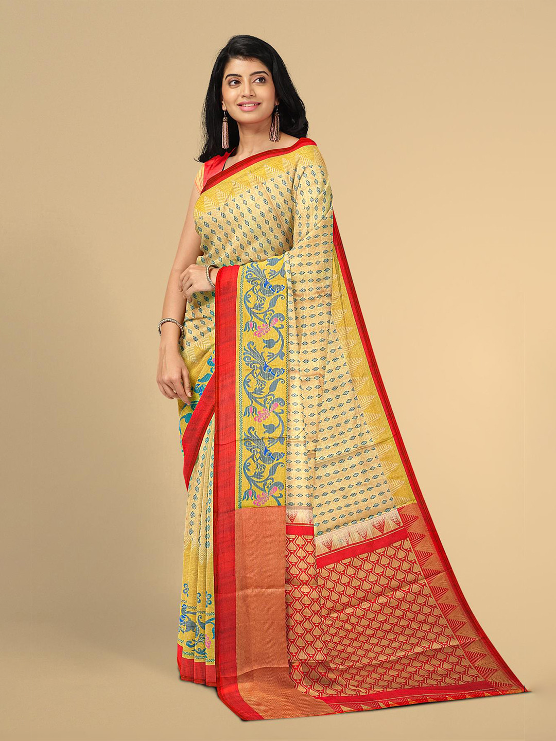 

Kalamandir Beige & Red Woven Design Zari Silk Blend Saree