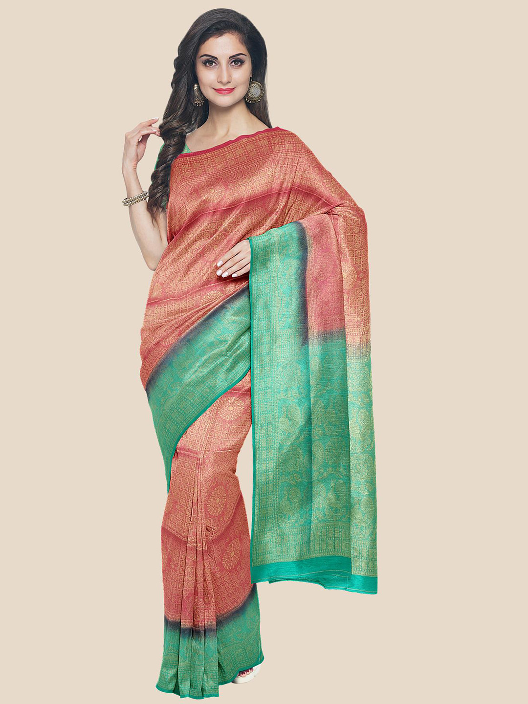 

Kalamandir Pink & Green Woven Design Zari Silk Blend Banarasi Saree