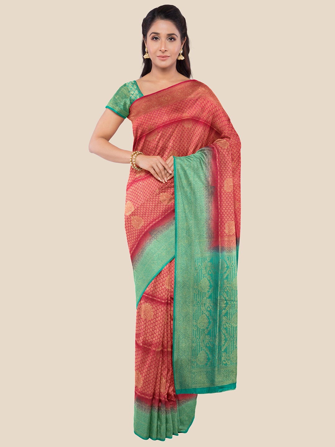 

Kalamandir Pink & Green Woven Design Zari Silk Blend Banarasi Saree