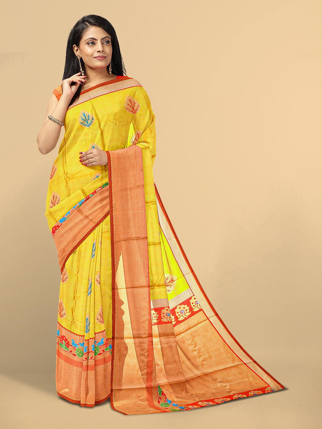 

Kalamandir Yellow & Orange Ethnic Motifs Silk Blend Saree