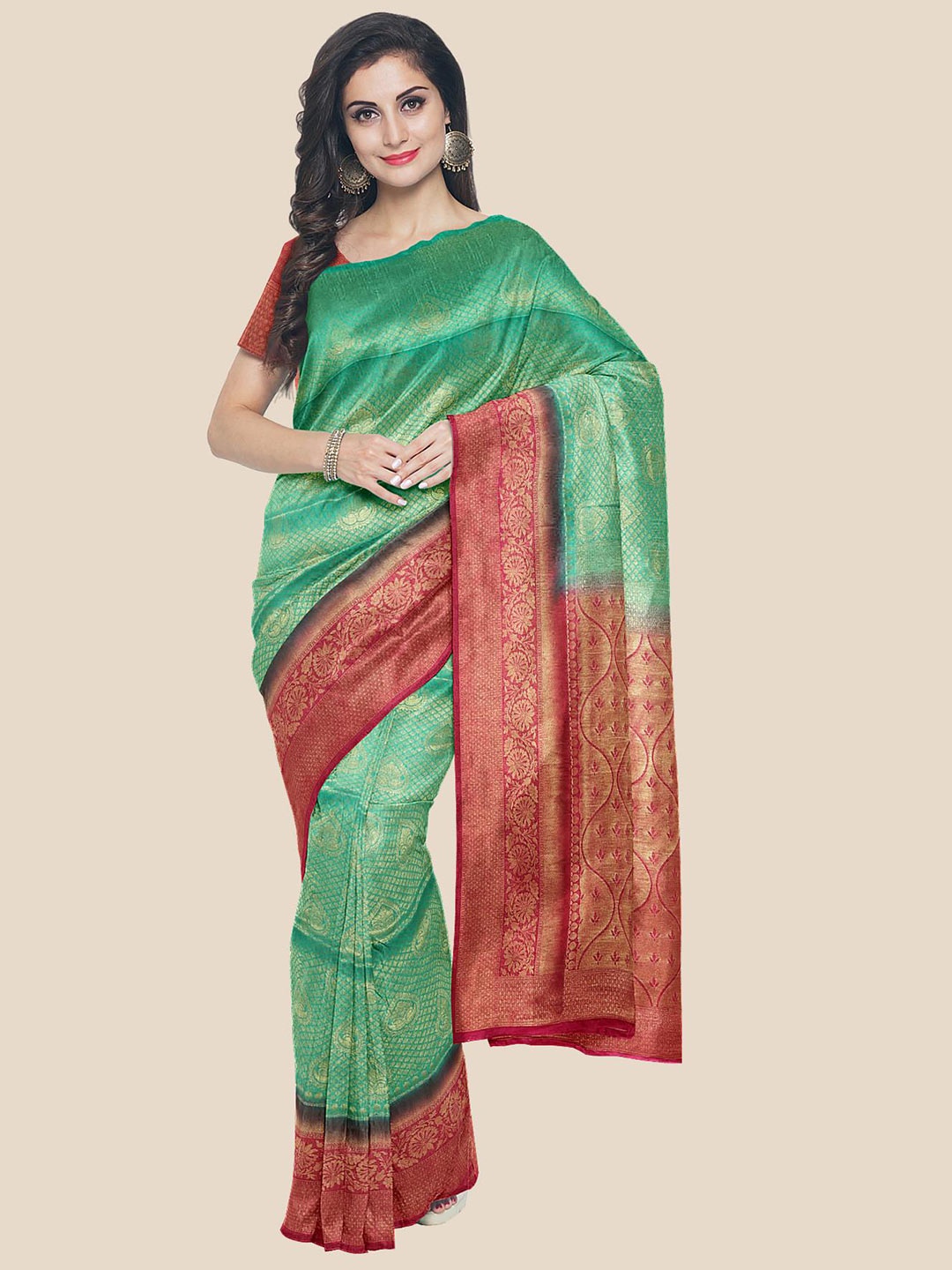 

Kalamandir Green & Pink Ethnic Motifs Silk Blend Banarasi Saree