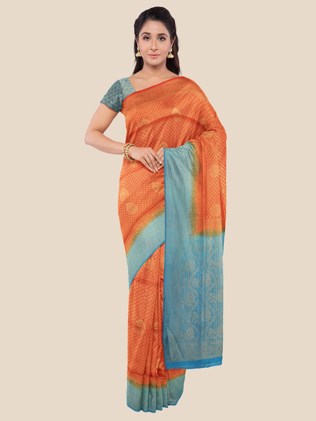 

Kalamandir Orange & Blue Woven Design Zari Silk Blend Banarasi Saree