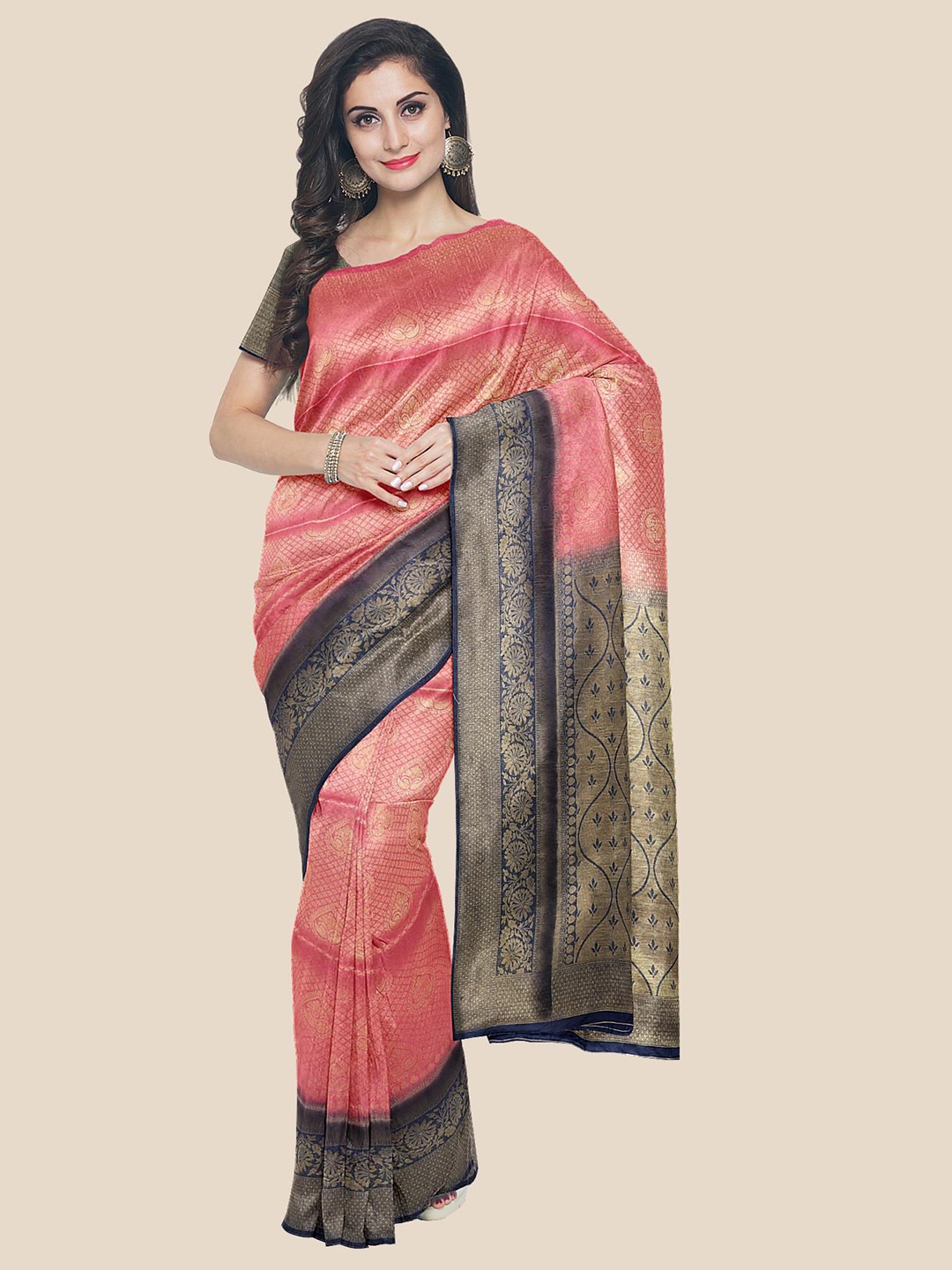 

Kalamandir Pink & Blue Ethnic Motifs Zari Silk Blend Banarasi Saree