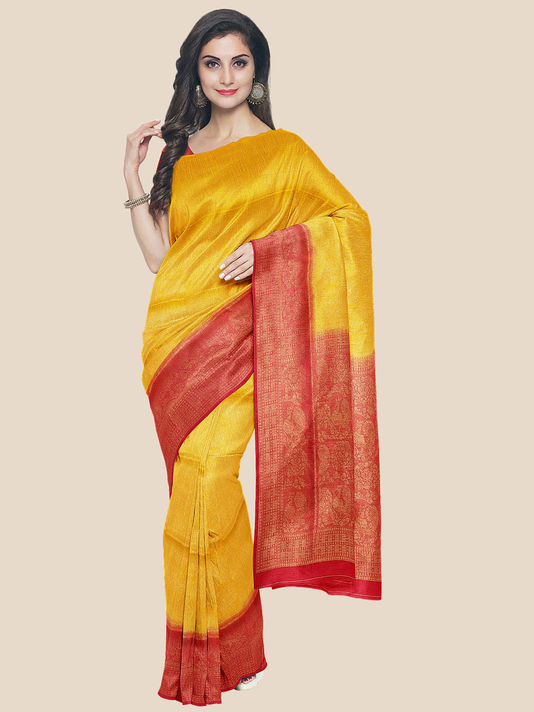 

Kalamandir Mustard Yellow & Red Woven Design Silk Blend Saree