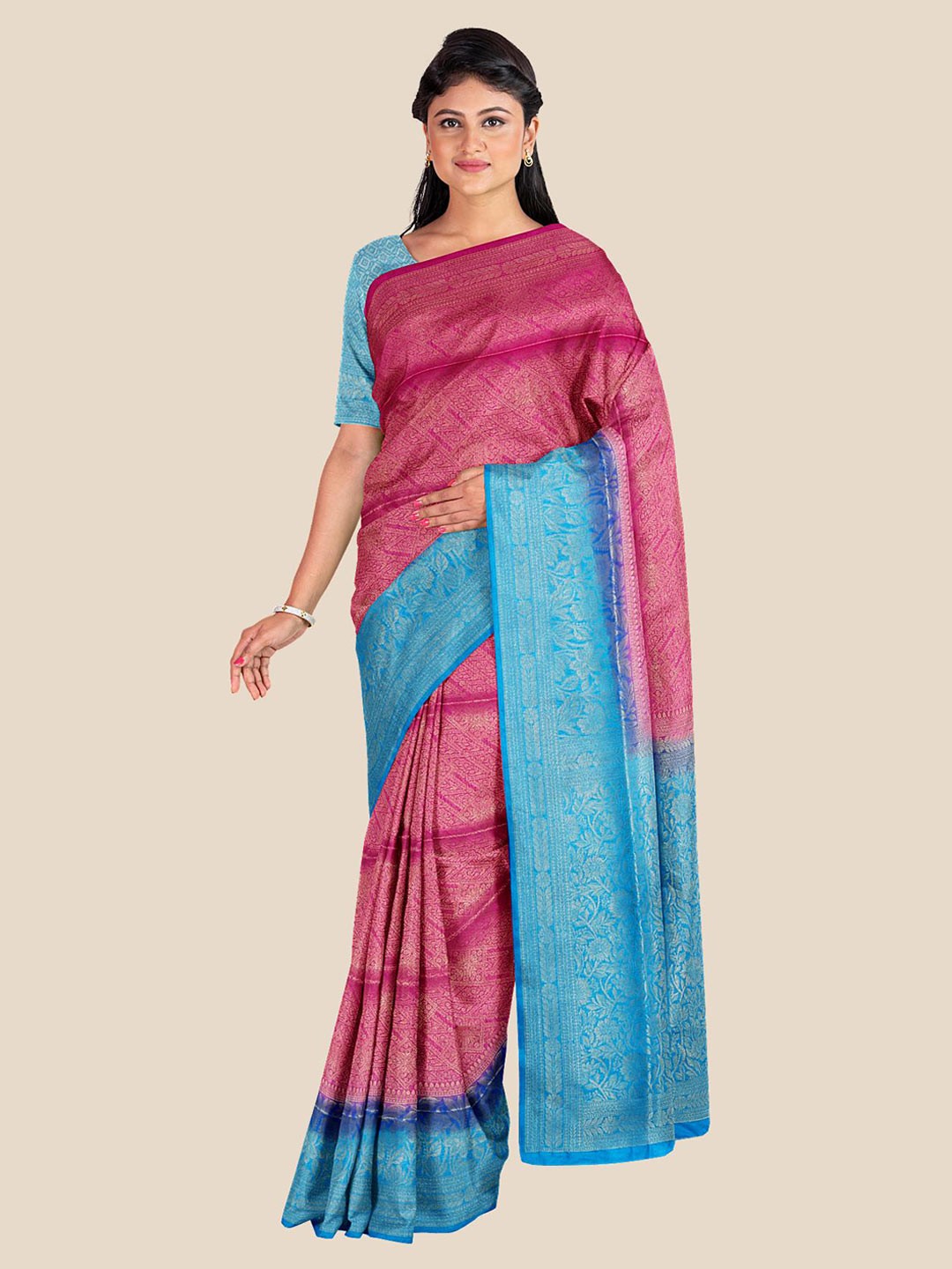 

Kalamandir Orange & Blue Woven Design Zari Silk Blend Banarasi Saree