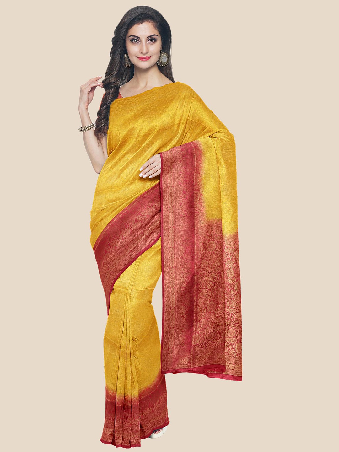 

Kalamandir Mustard & Red Woven Design Zari Silk Blend Banarasi Saree