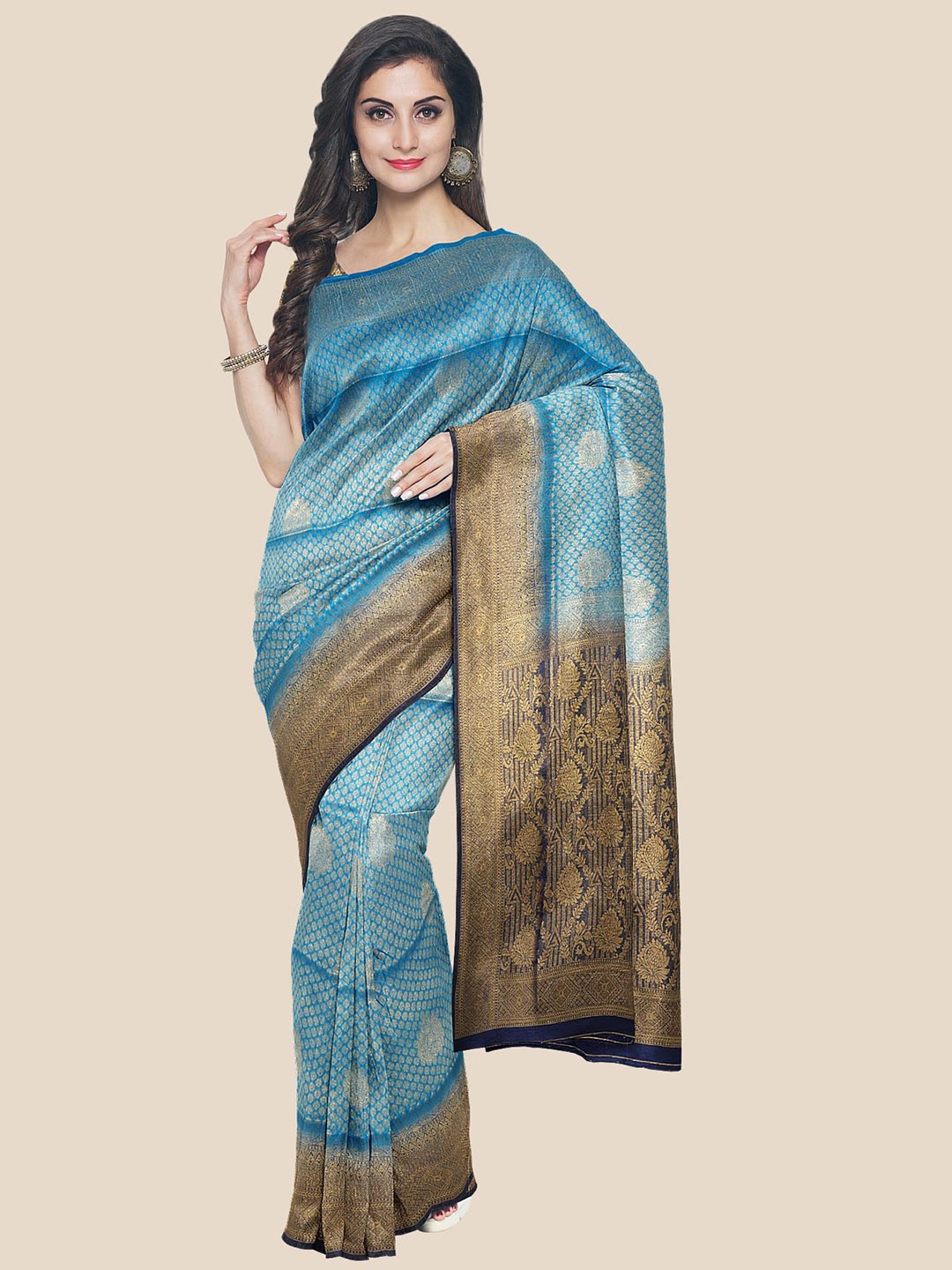 

Kalamandir Blue & Gold-Toned Woven Design Zari Silk Blend Banarasi Saree