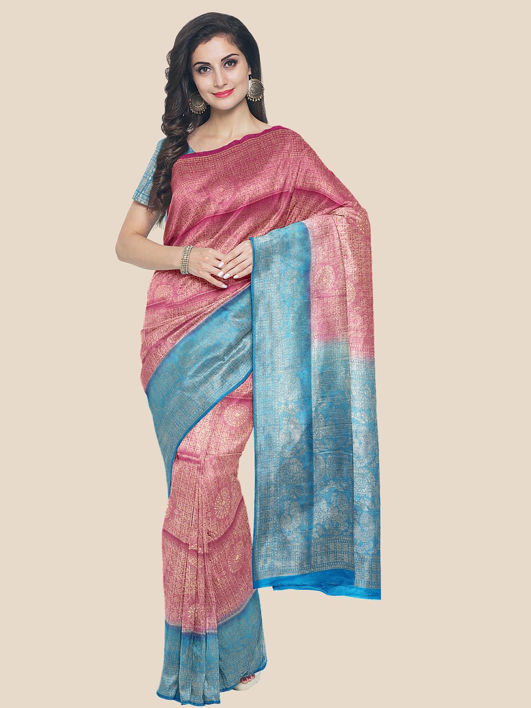 

Kalamandir Pink & Blue Checked Silk Blend Banarasi Saree