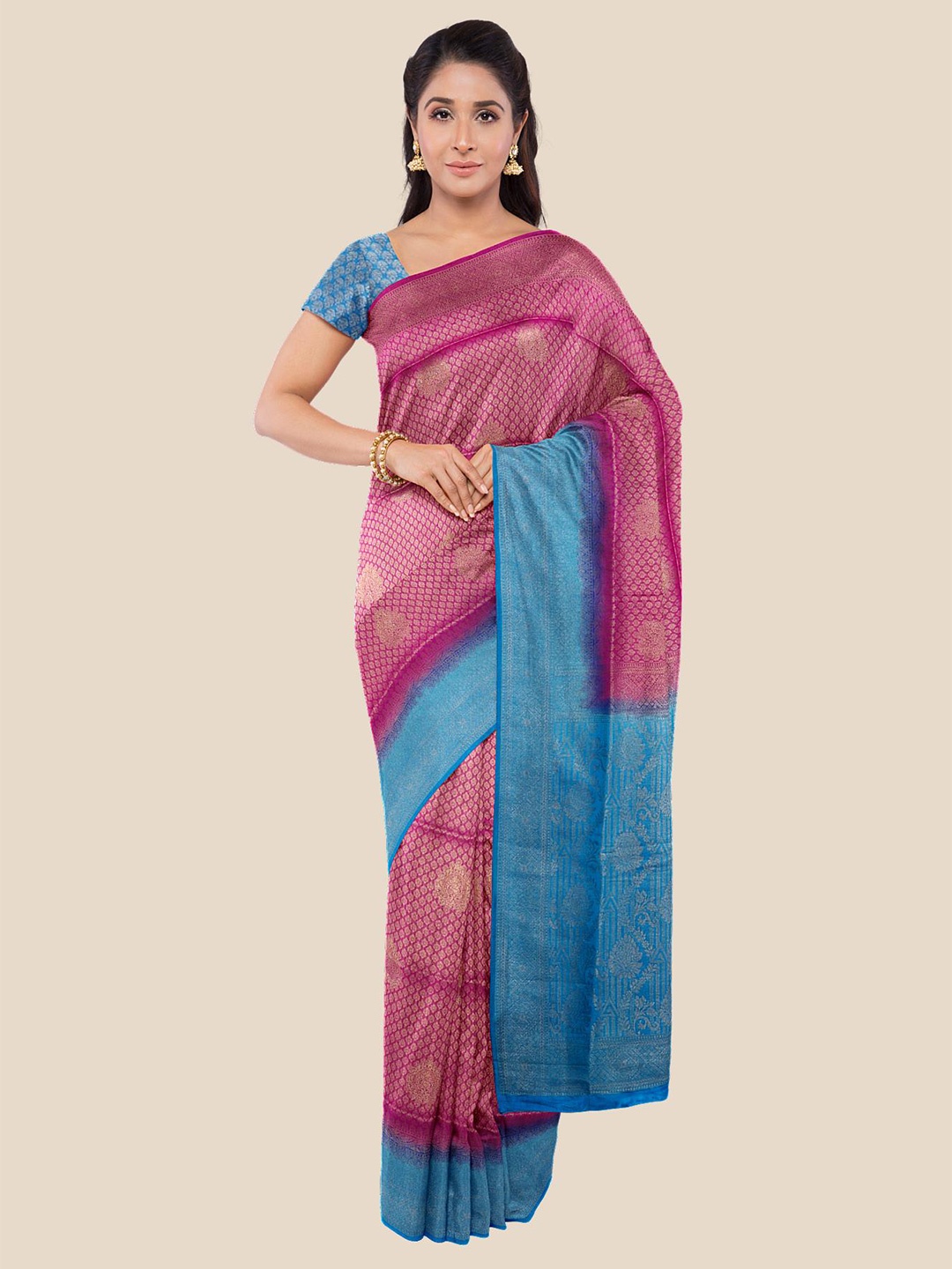 

Kalamandir Pink & Blue Floral Silk Blend Banarasi Saree
