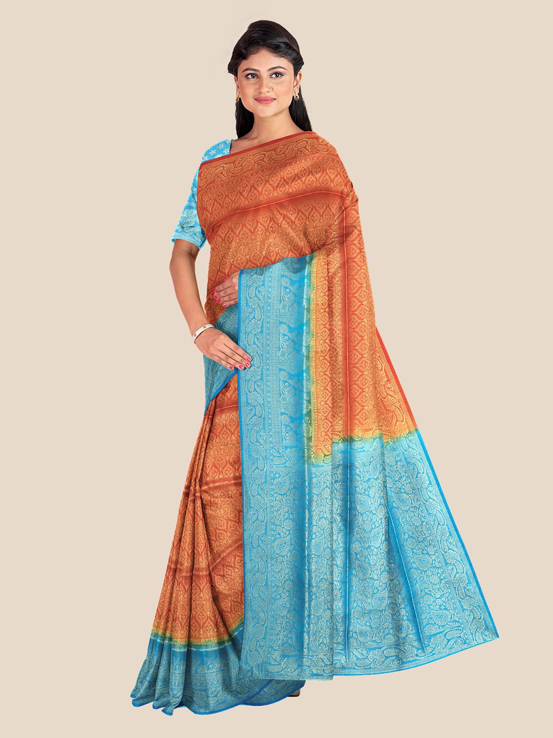 

Kalamandir Orange & Turquoise Blue Ethnic Motifs Silk Blend Banarasi Saree
