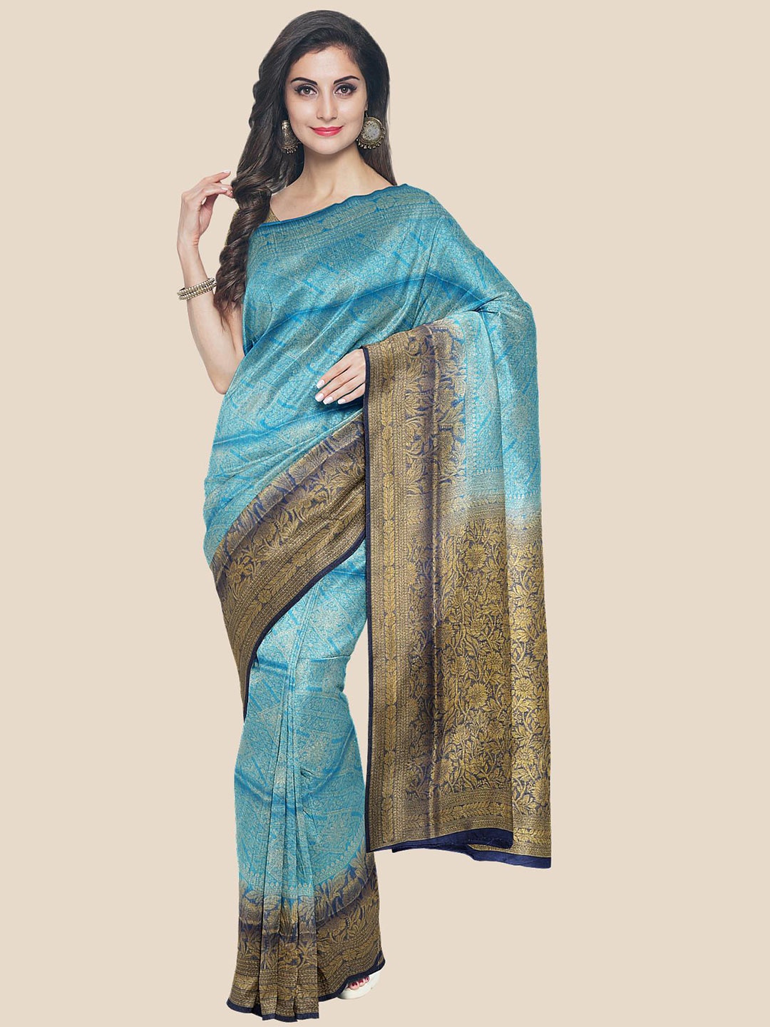 

Kalamandir Blue & Navy Blue Floral Silk Blend Banarasi Saree