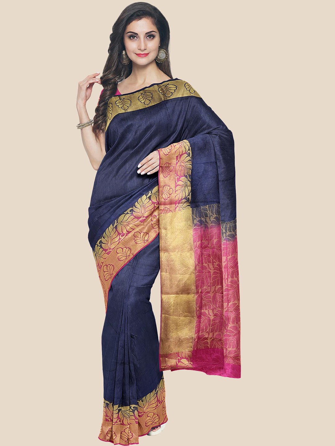 

Kalamandir Navy Blue & Pink Floral Zari Banarasi Saree