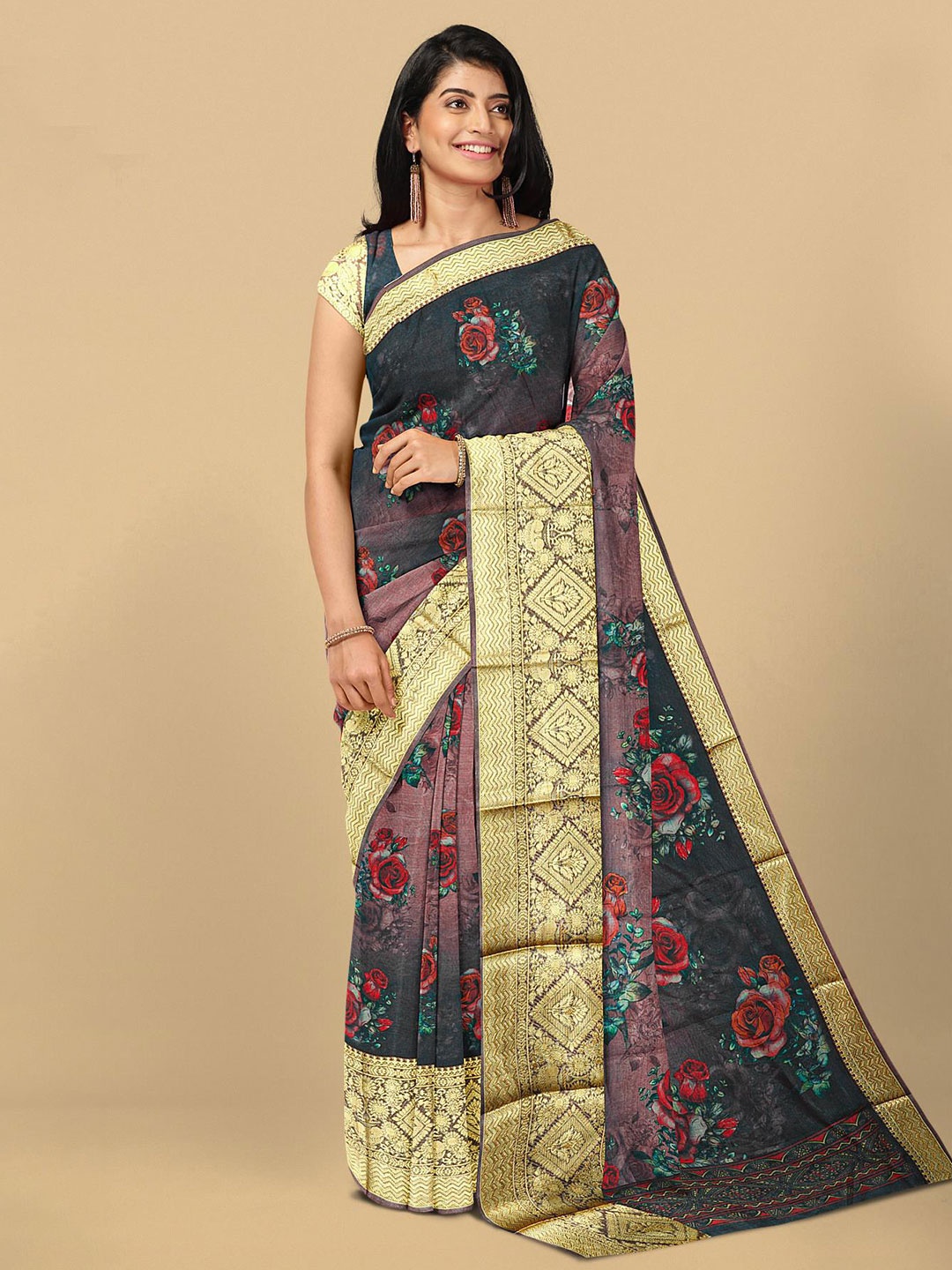 

Kalamandir Purple & Cream-Coloured Floral Silk Blend Saree
