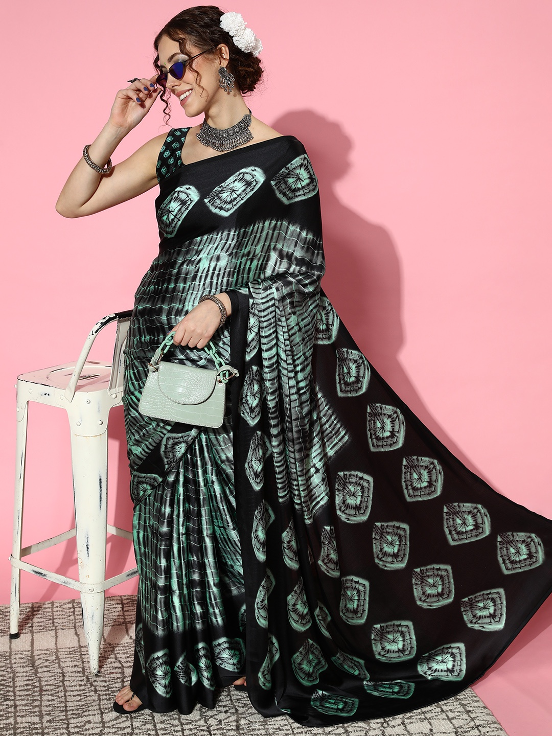 

Saree mall Black & Green Printed Sarees