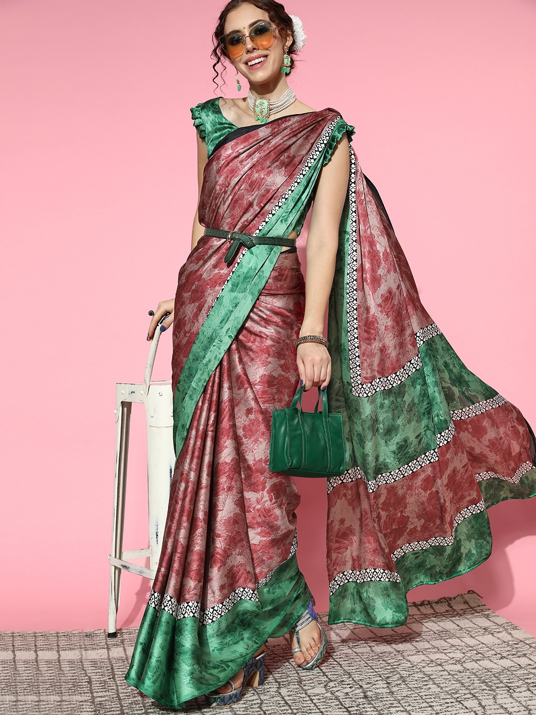 

Saree mall Mauve & Green Printed Saree