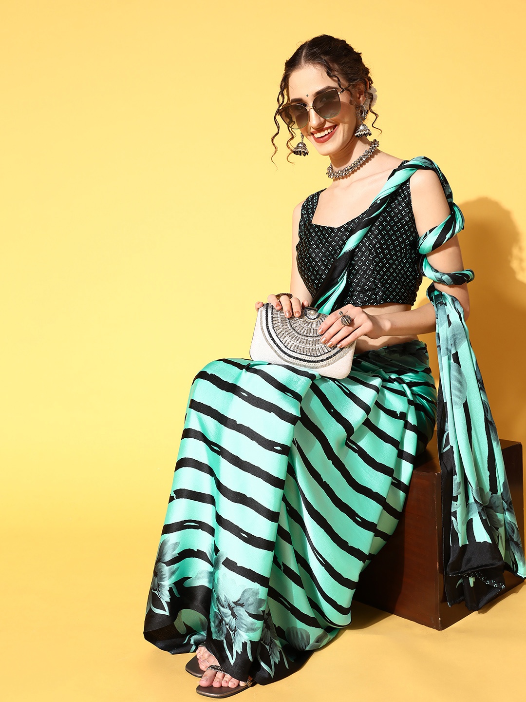 

Saree mall Striped Saree with Printed border, Sea green