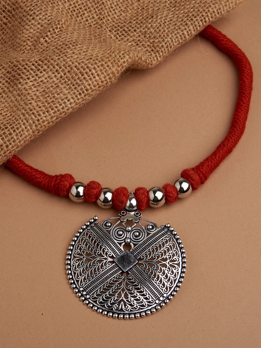 

Fida Silver-Toned & Red Silver-Plated Oxidised Necklace