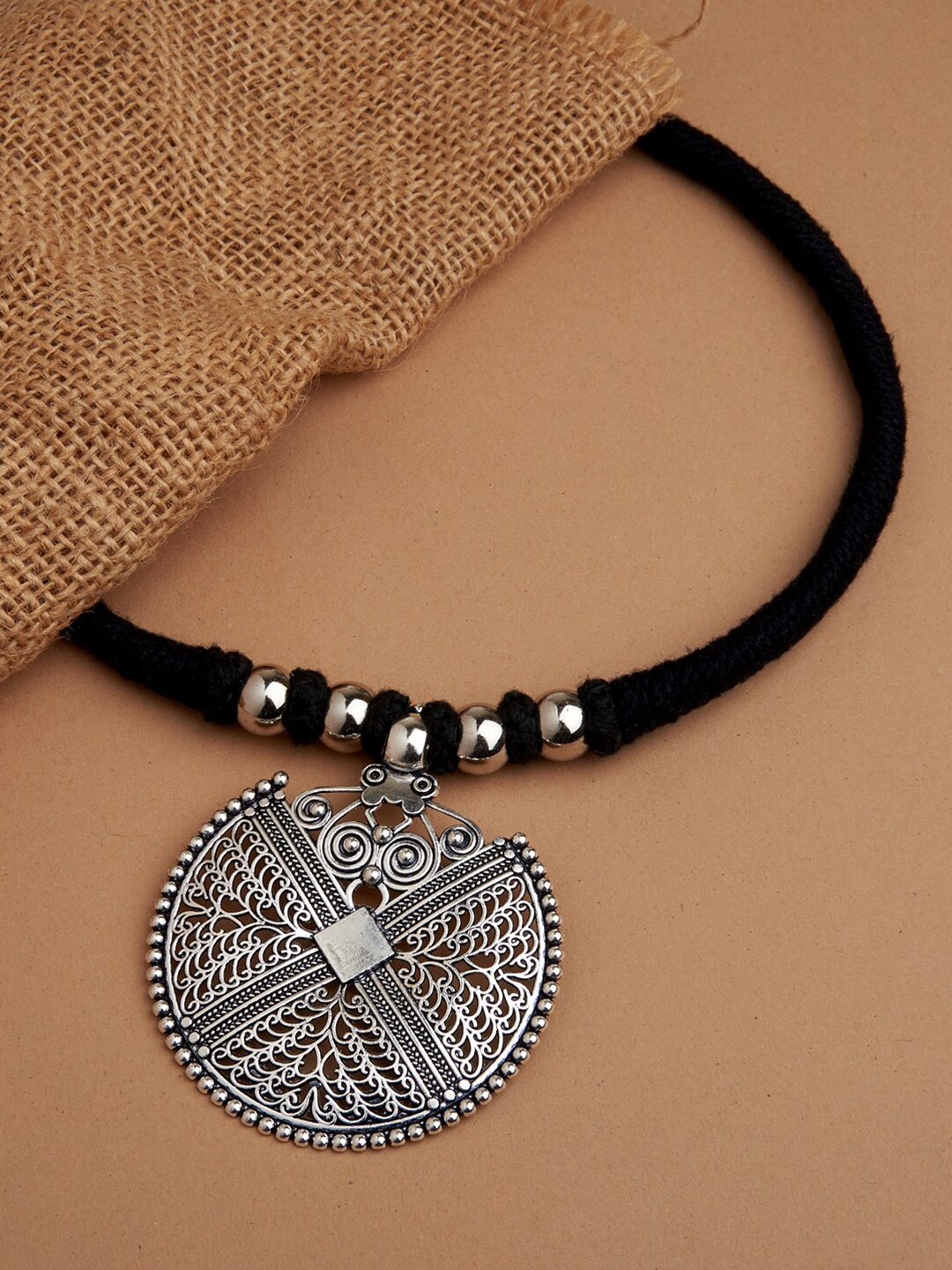 

Fida Silver-Toned & Black Silver-Plated Oxidised Necklace