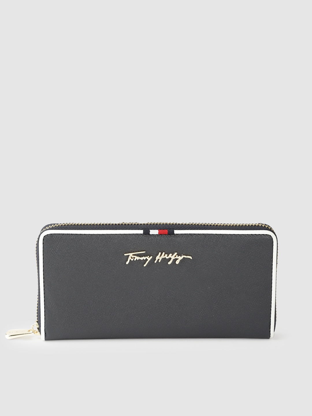 

Tommy Hilfiger Women Navy Blue Textured Embellished Leather Zip Around Wallet