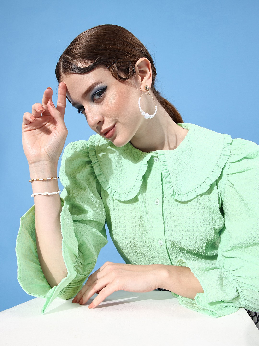 

Athena Women Green Seersucker Shirt Style Top