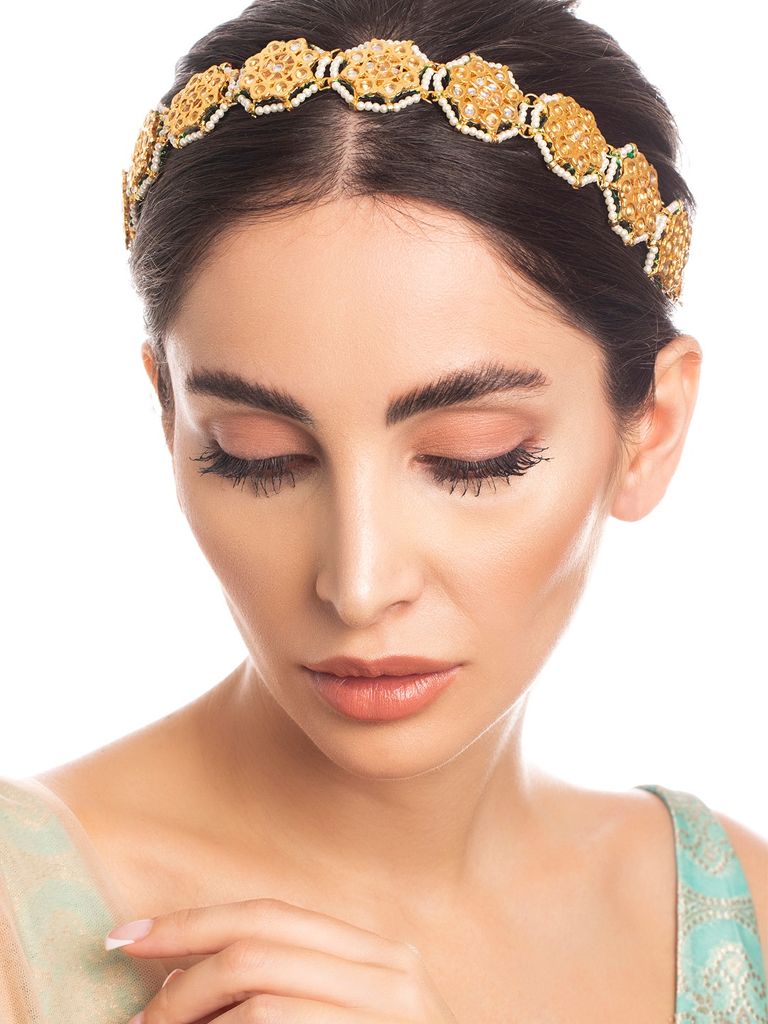 

Rubans 22K Gold Plated White Handcrafted Beaded Hair Jadai