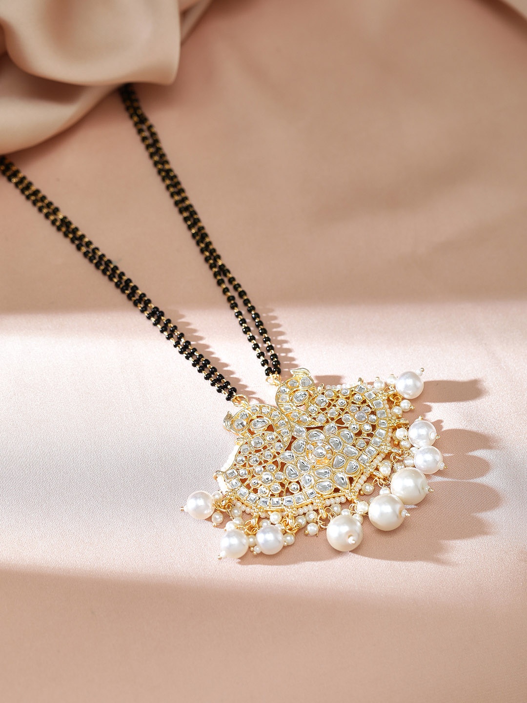 

Rubans Gold-Plated White & Black Stone-Studded Beaded Mangalsutra
