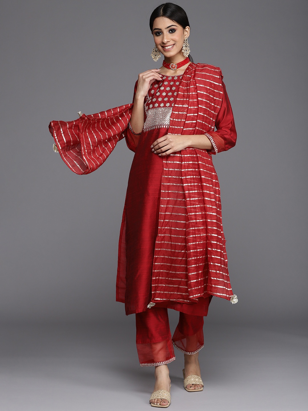 

Varanga Women Maroon Floral Yoke Design Kurta with Trousers & With Dupatta