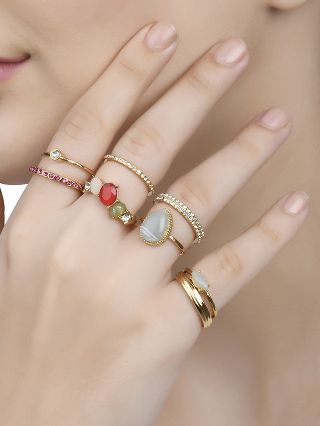 

Lilly & sparkle Set of 13 Gold-Toned Stone Studded Ring Pack, Multi