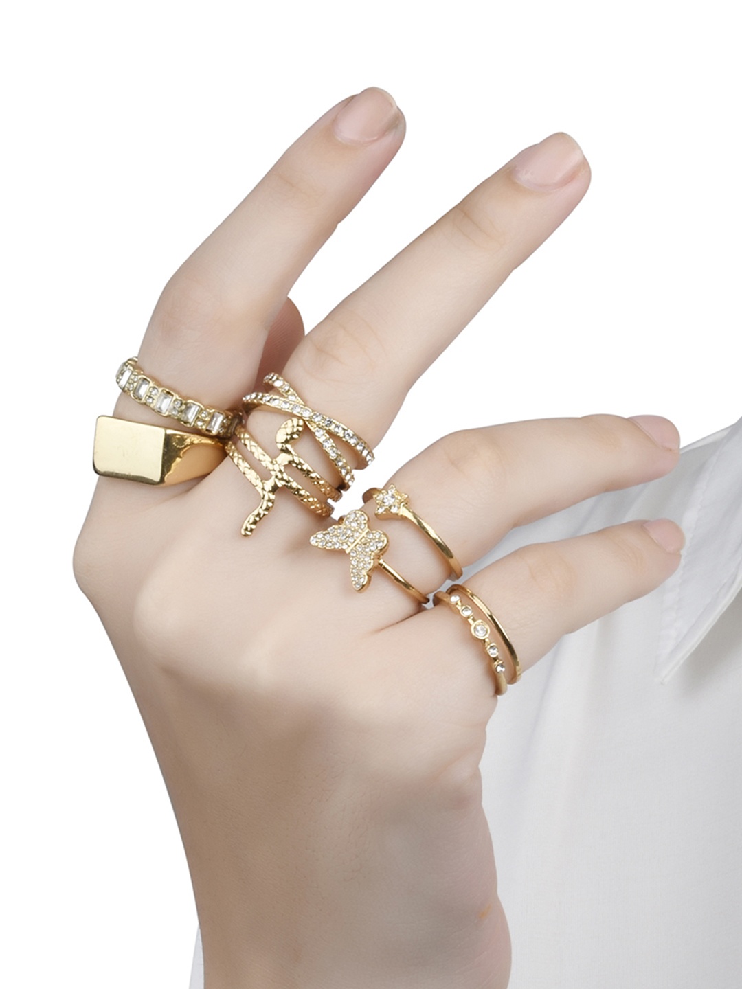

Lilly & sparkle Women Set of 12 Gold Toned Crystal Studded Celestial Finger Rings