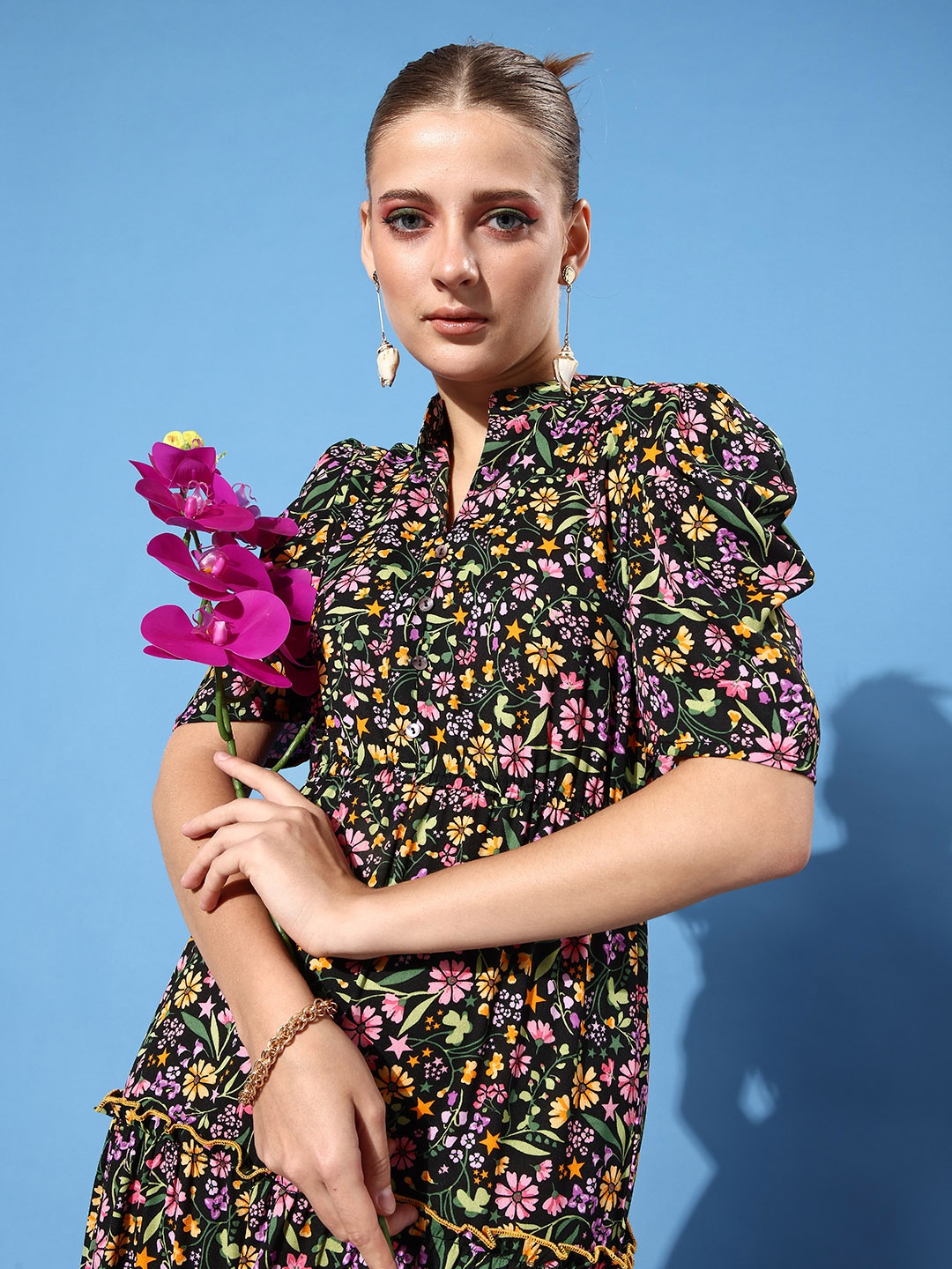 

Athena Women Classic Black Floral Zoom Friendly Collar Dress