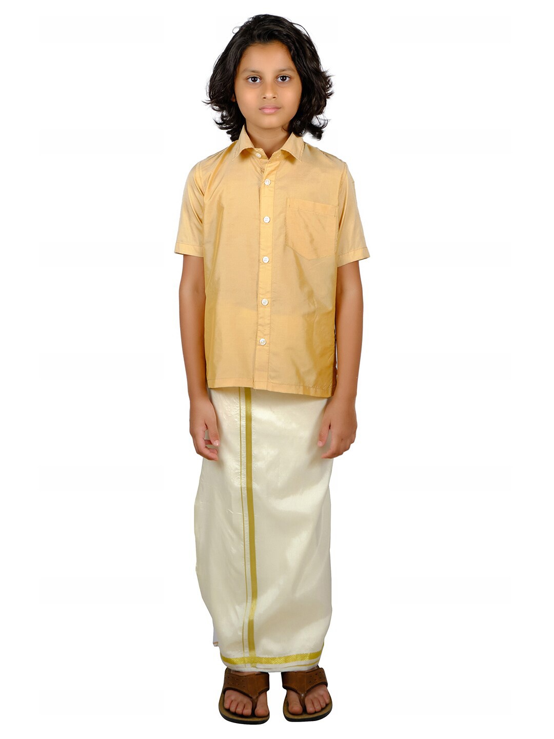 

Sethukrishna Boys Beige & White Shirt & Dhoti Set