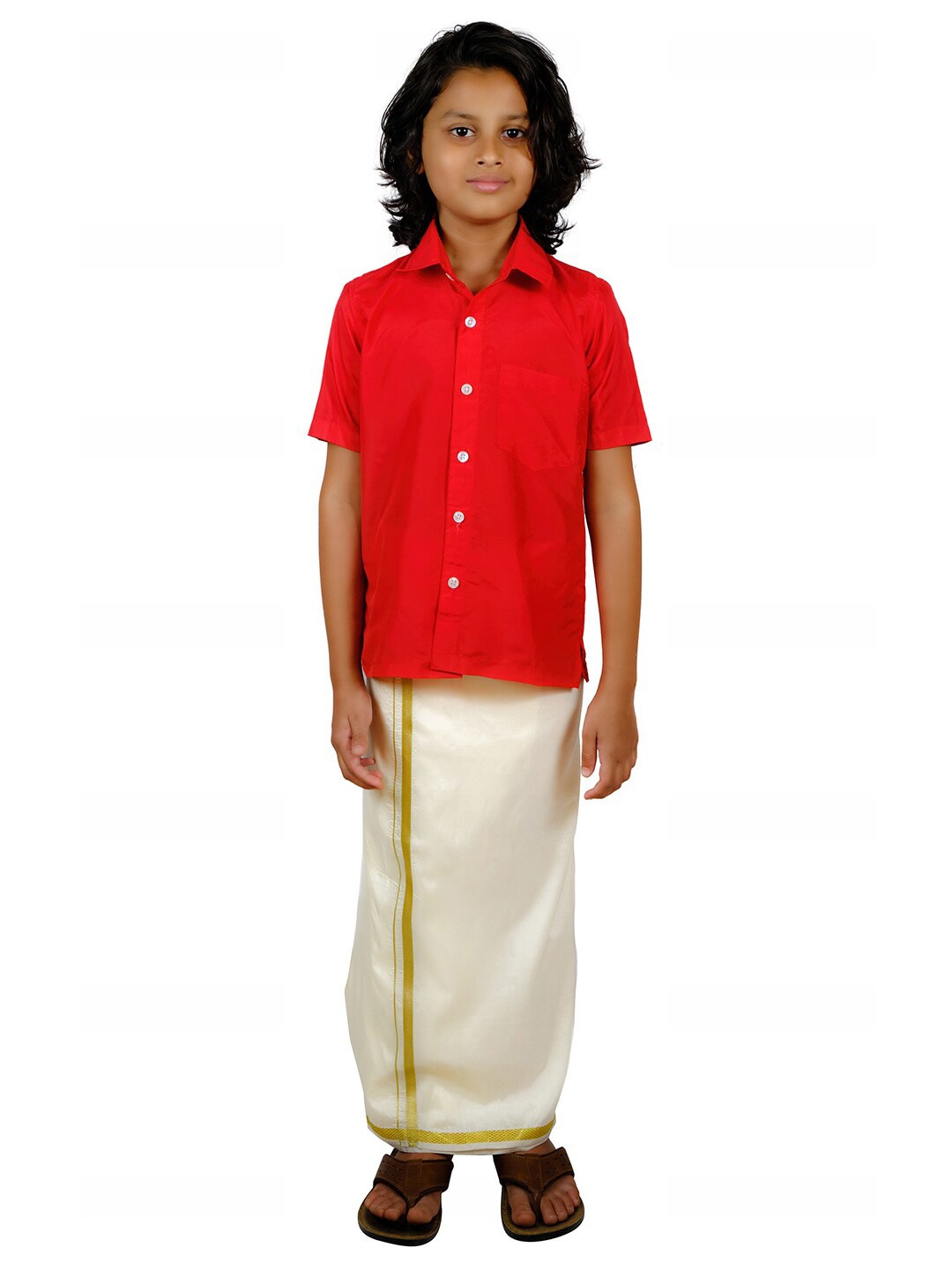 

Sethukrishna Boys Red Solid Shirt Dhoti Set