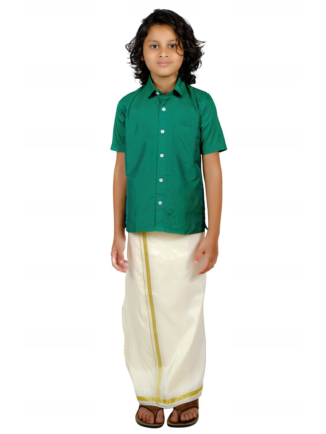 

Sethukrishna Boys Green & Off White Shirt & Dhoti Set
