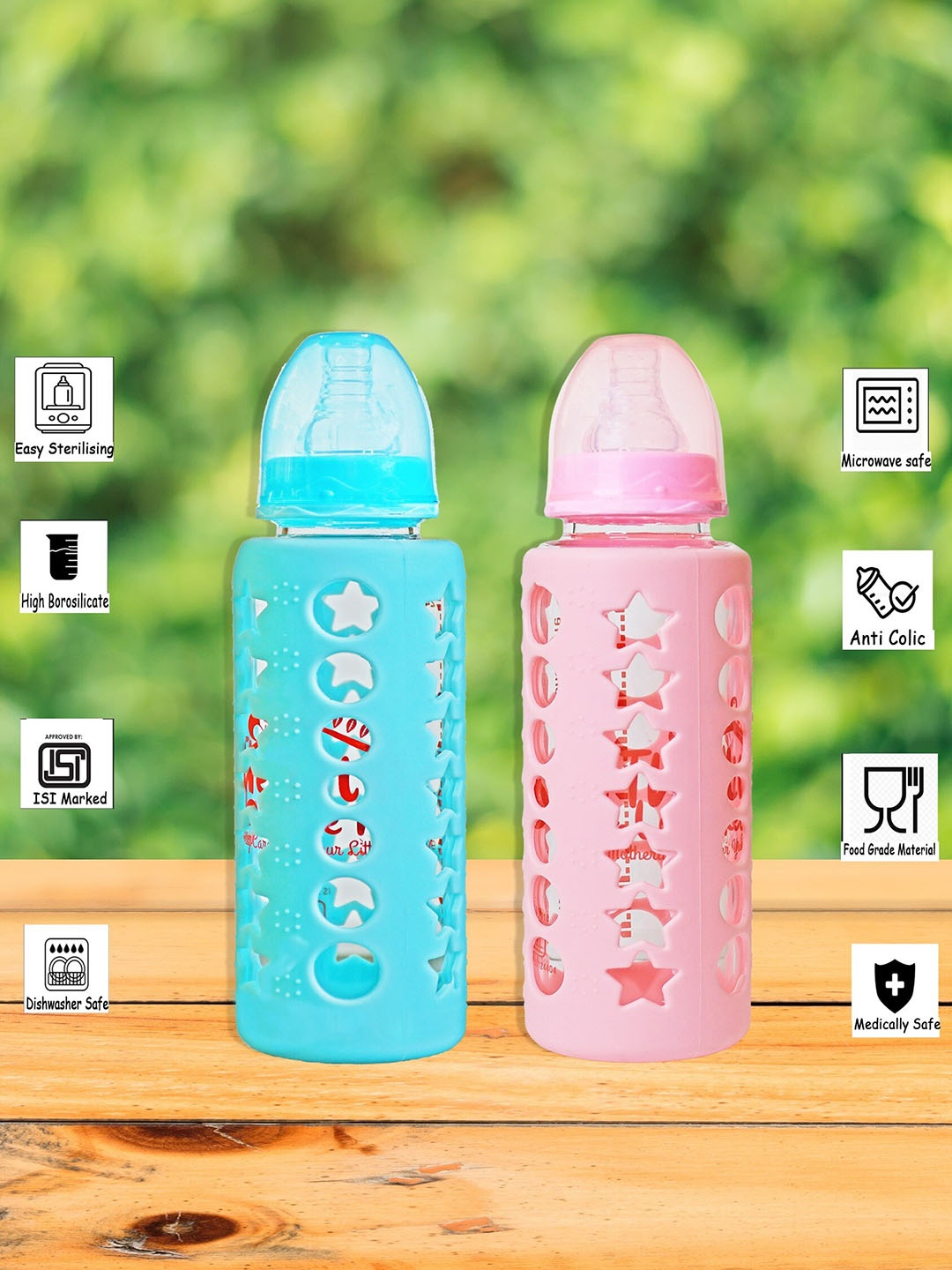 

The Little Lookers Set of 2 Glass Feeding Bottle with Flow Control, Blue
