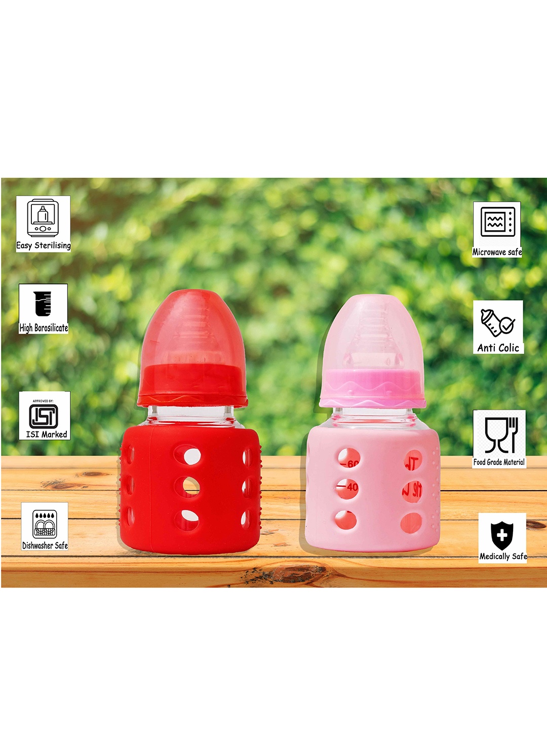 

The Little Lookers Set of 2 Pink & Red Glass Feeding Bottles