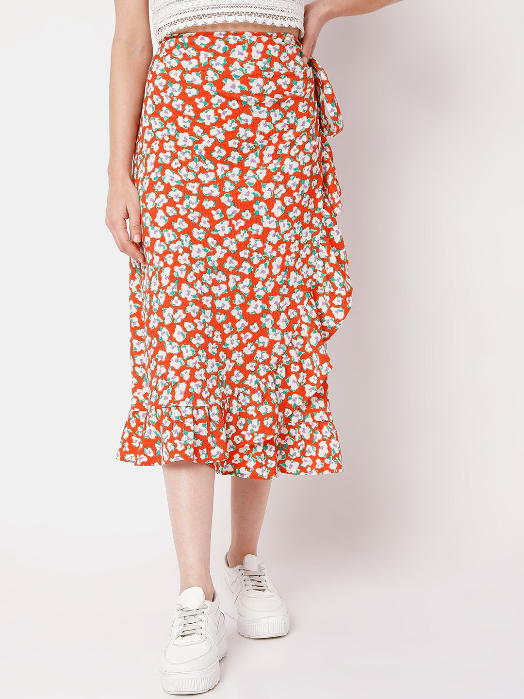 

Vero Moda Women Red & White Printed Ruffle Wrap Midi Skirt