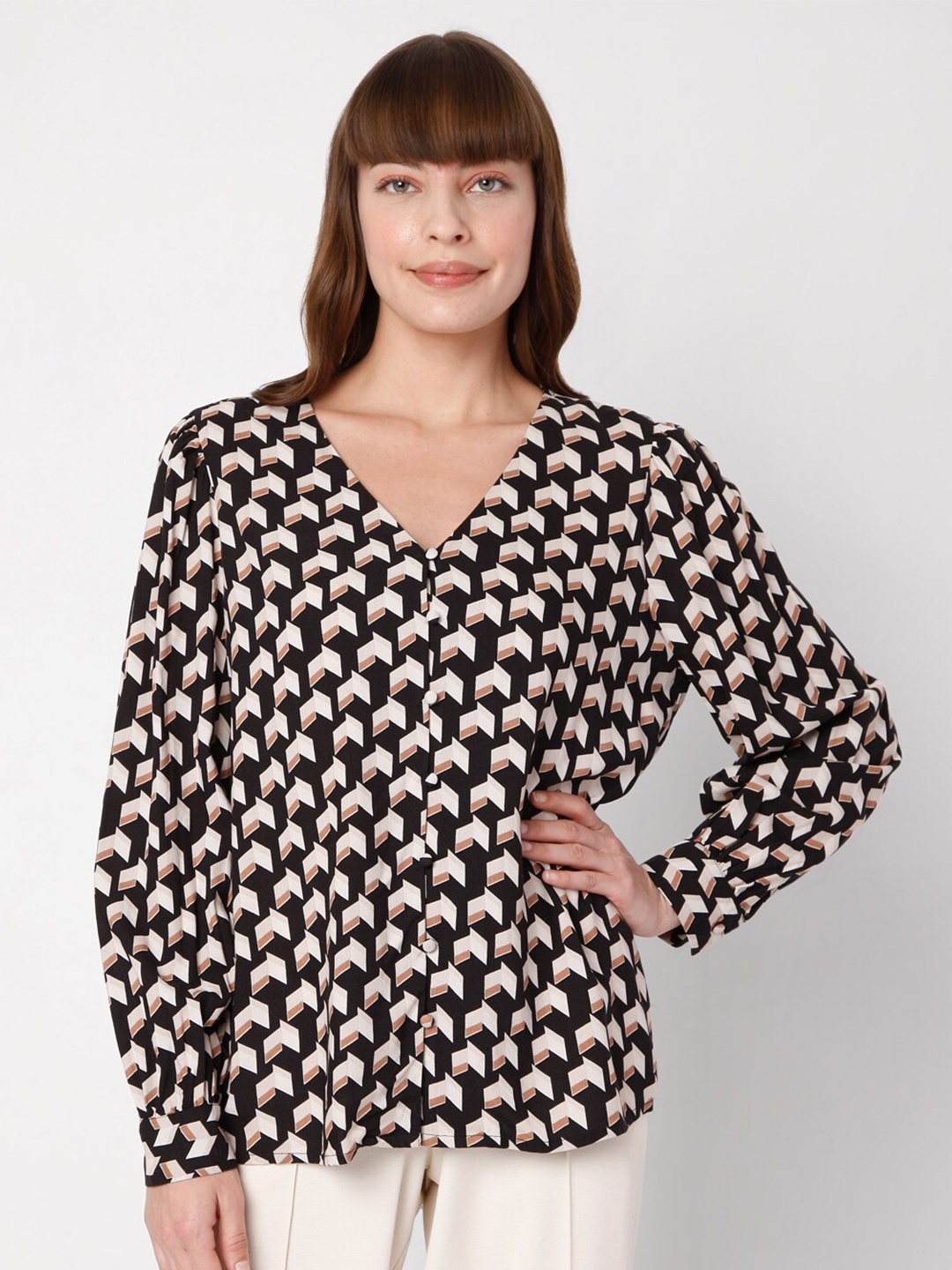

Vero Moda Women Beige & Black Printed Top