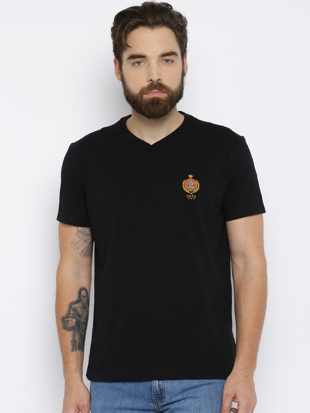 

U.S. Polo Assn. Men Black Solid V-Neck Pure Cotton T-shirt