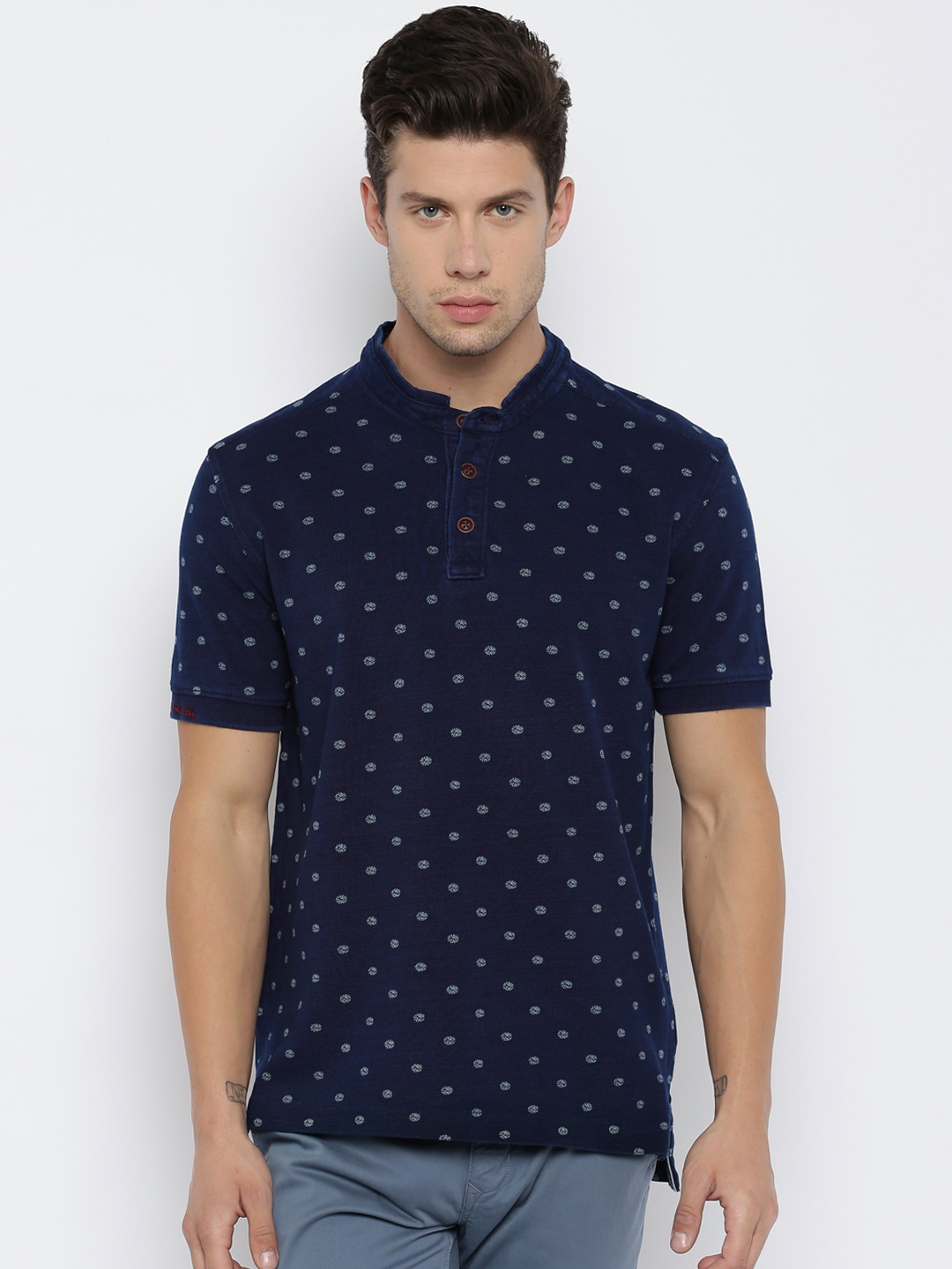 

U.S. Polo Assn. Men Navy Printed Mandarin Collar Pure Cotton T-shirt, Navy blue