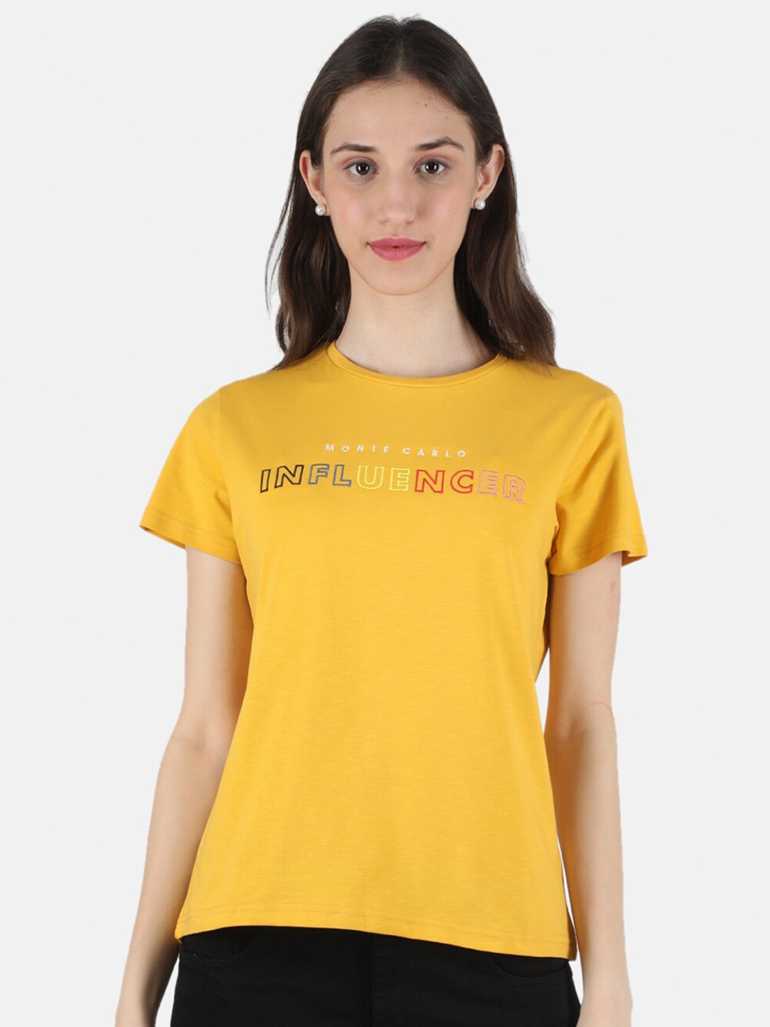 

Monte Carlo Women Mustard Yellow Typography Printed T-shirt