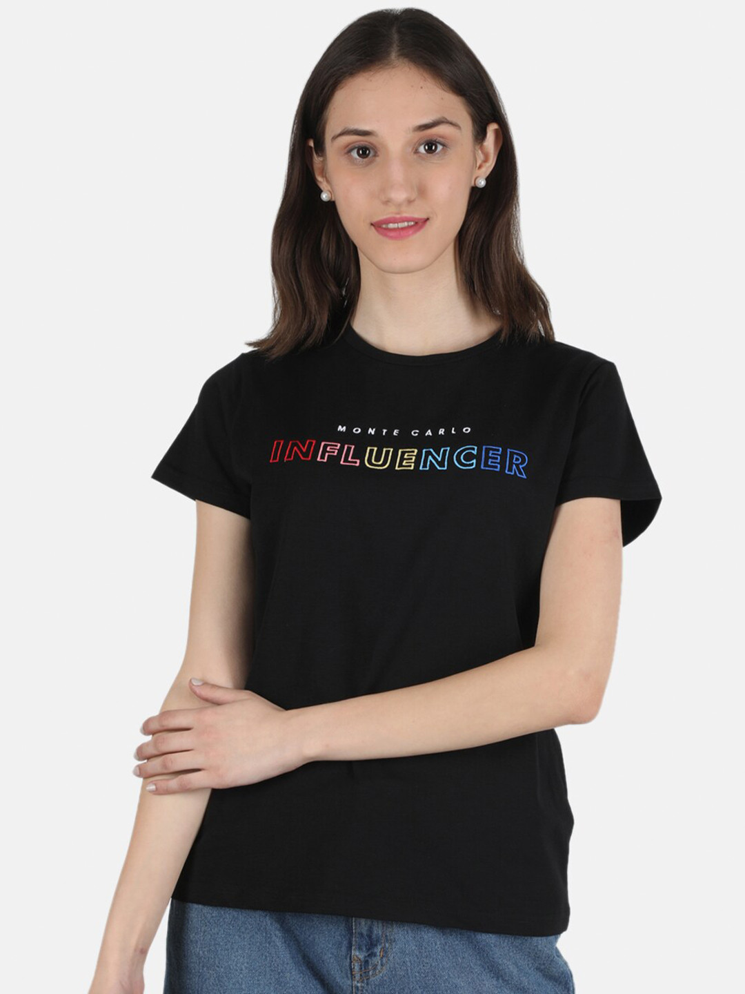 

Monte Carlo Women Black Typography Printed T-shirt