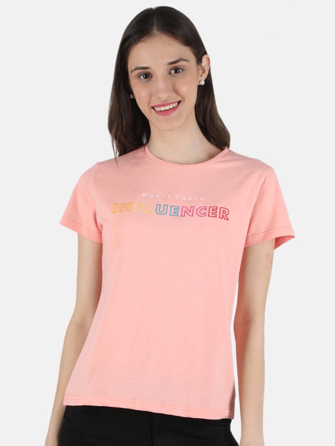 

Monte Carlo Women Peach-Coloured Typography Printed T-shirt