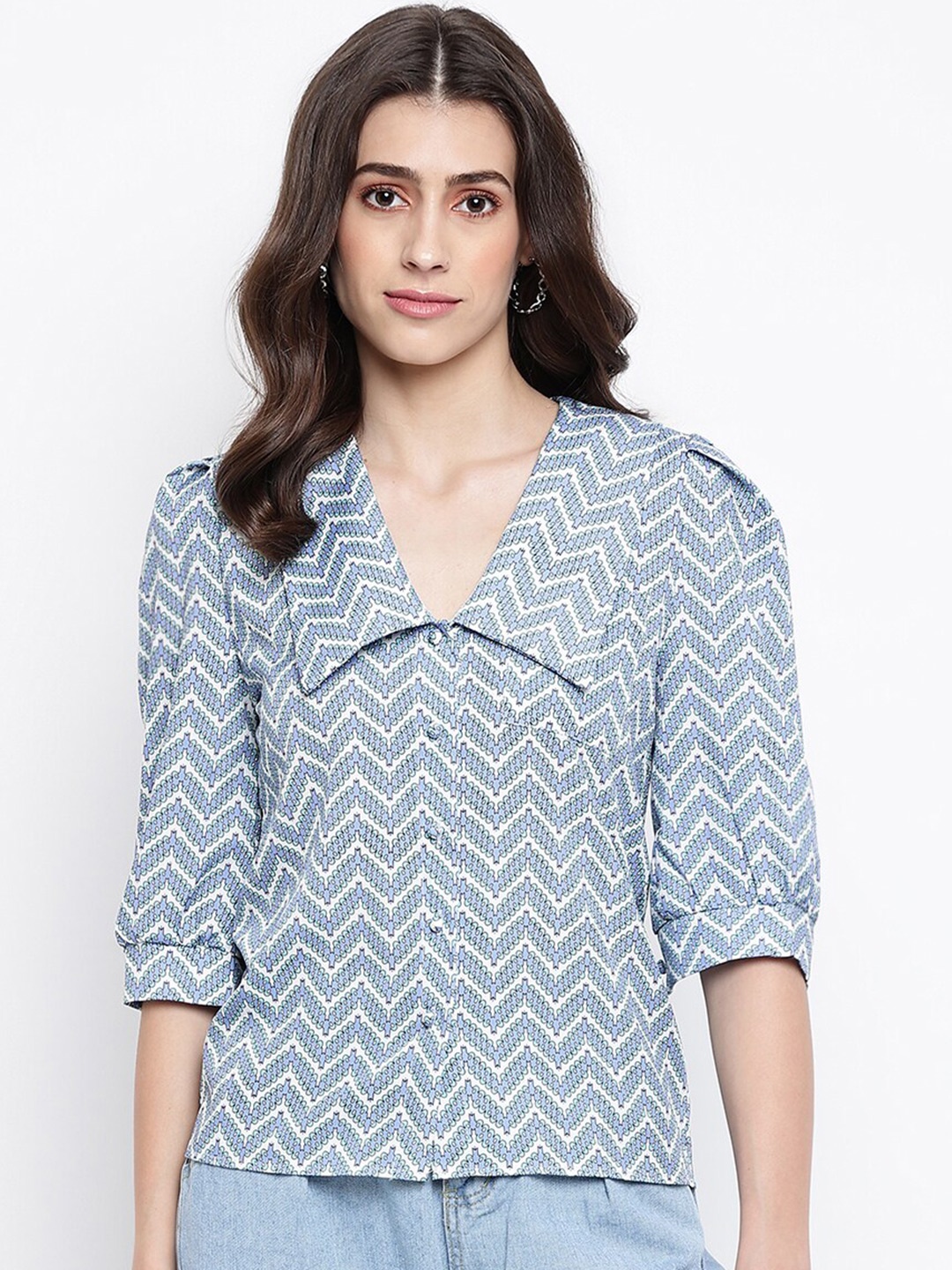 

iki chic Blue & White Geometric Printed Top