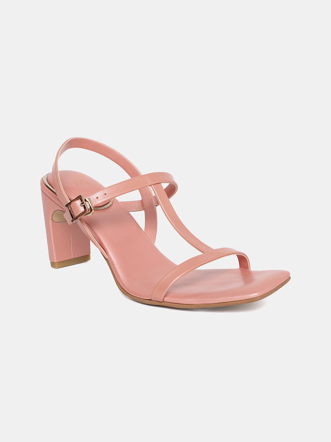 

W Gold-Toned PU Block Sandals with Buckles