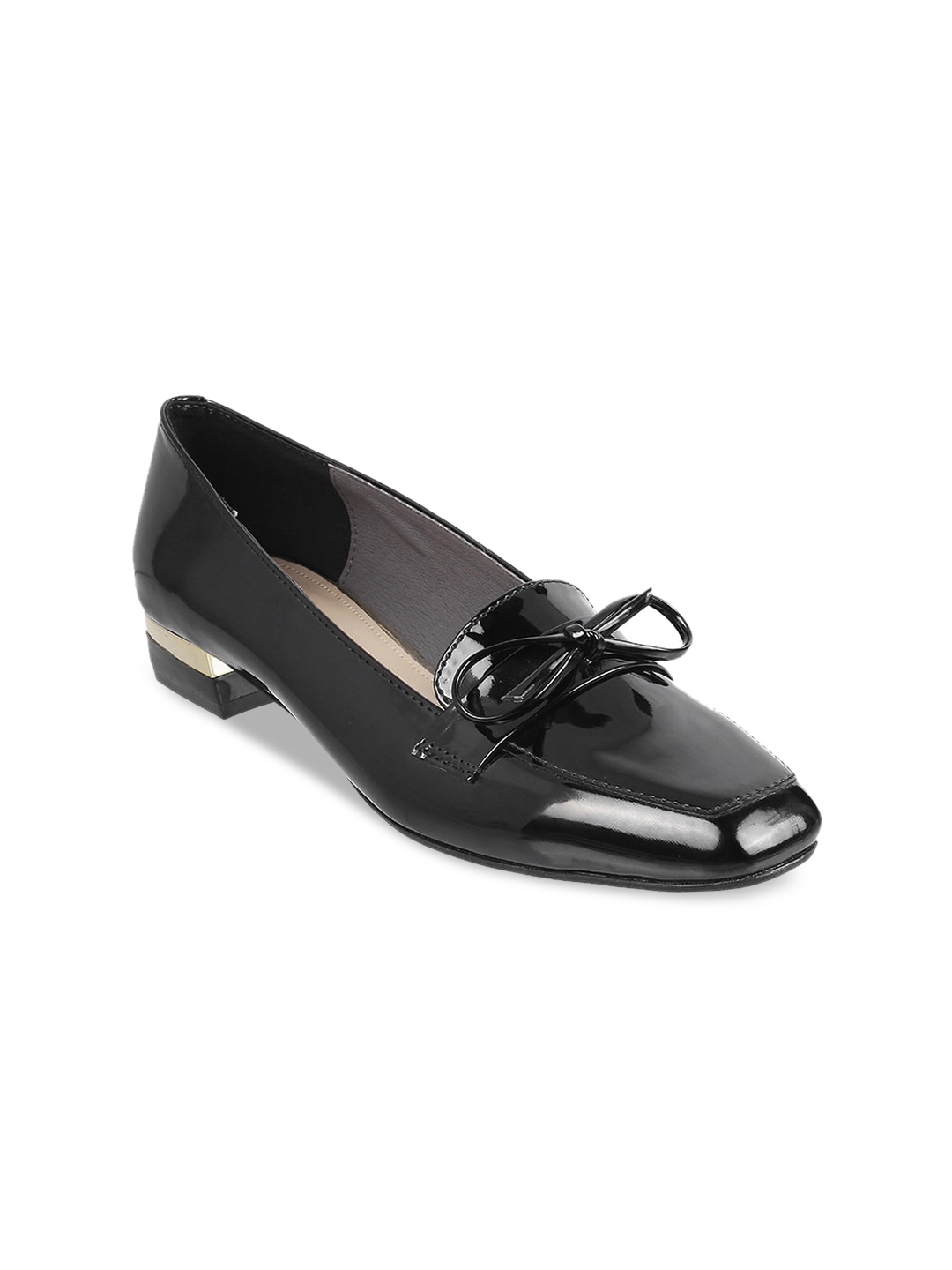 

Metro Black Solid Block Heeled Pumps with Bows